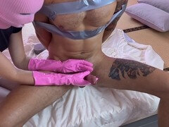 Bondage discipline sadomasochisme, Gebondenheid, Sperma shot, Dominante vrouw, Handschoenen, Handbeurt, Latex, Meesteres