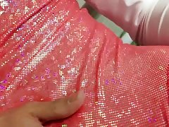 crossdresser in orangemetallic leotard part1