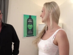 Charming blonde girl shows her blowjob skills at the casting
