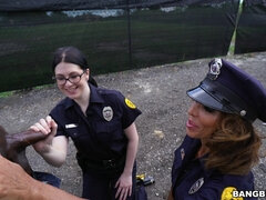 Cock hungry cops Lyla Lali and Norah Gold sucking giant black pole
