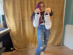 Compilation of nerdy fairy wetting her ripped jeans