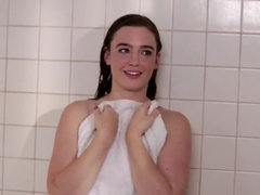 A blonde gets kissed and fucked after she showers in the bathroom