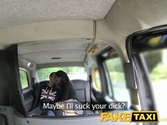 FakeTaxi Horny couple get it on in rear of cab
