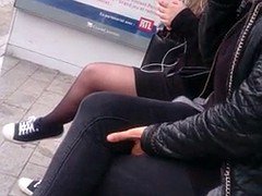 Candid black pantyhose at stop bus