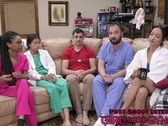 Naughty nurse Channy Crossfire performs a strip search on nurse Aria Nicole at GirlsGoneGynoCom!