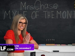 Cory Chase, the hot teacher, gives an intimate classroom interview with her big tits & kinky moves