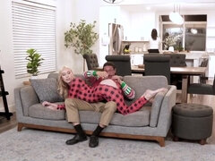 Dude in a weird Christmas sweater has casual sex on the couch