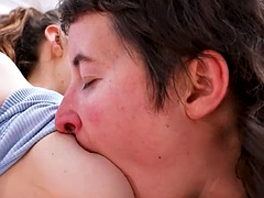Hirsute lesbians kiss and fuck in the bathroom