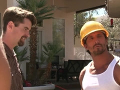 Several construction dudes fuck the annoying bitch sitting by the pool