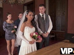 Cheating bride gets her pussy pounded by her wedding guests after wedding