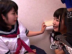 Tiny nippon schoolgirls sucking cock in trio