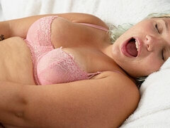 Sweetheart with huge boobs Aria Nicole stimulates her shaved pussy