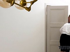 Brunette teacher to have sex with new stud who got horny