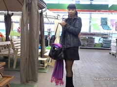 Naughty Russian MILF - Transparent outfit in public shopping mall - Big tits