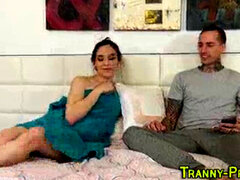 Ass plowed shemale slut masturbates off rock hard jizz-shotgun