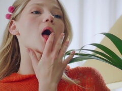 Stunning teen nymph strips down and rubs her wet pussy