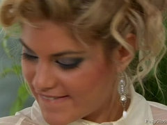 Schlafzimmer, Blondine, Spermaladung, Handjob, Nackt, Muschi, Strümpfe, Flotter dreier