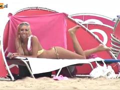 Enthousiasteling, Strand, Grote kont, Blond, Pijpbeurt, Nederlands, Buiten, Tieten likken