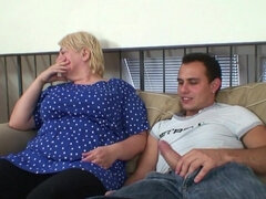 Blonde 70 years old grandmother takes on a younger man