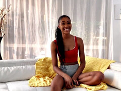 Watch this skinny ebony babe ride POV boyfriend on the couch in steamy lingerie