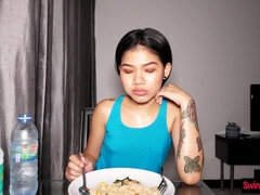 18, 素人, アジア人, デカチン, 茶髪の, チン, 食べ物, 自家製
