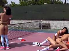 Four nasty teens fuck two guys on the tennis field outdoors