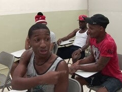 Trio scene in bareback explore hall featuring hot guys and big cock action