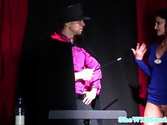 Watch this magician's big cock penetrate a mature milf's wet pussy & make her squirt like a fountain