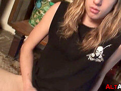 long haired blond gay rectal plays with dildo and wanks