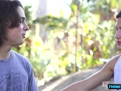 Watch this hot brunette take a cumshot on her dark-haired face outdoors