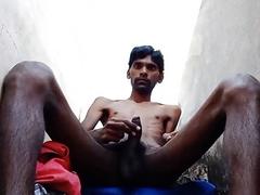 Rajesh masturbating dick on the stairs and Cumming in glass