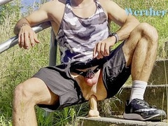 Horny jock plays with his tight hole in public and has explosive anal orgasm!