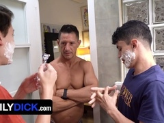 Caring stepfather teaches his Latino stepson and his young hung friend the art of grooming and pleasuring