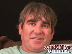 Older stud jerks himself off to orgasm after an interview