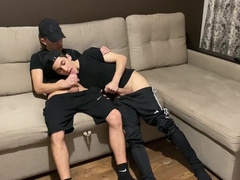 Hetero masturbate off with lad queer pal in sportswear (fellatio and jism in jaws)