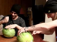 Straight studs make holes in watermelons before fucking them together