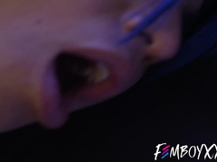 Horny femboy Angel Santana gives hung boyfriend a footjob until cumshot