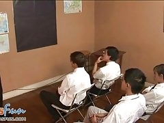 Cute twink students team up to blow their teacher