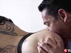 inked asian bottom barebacked by Asian stud after urinating