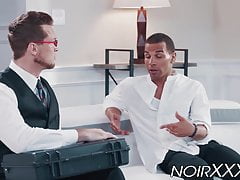 Handsome tall businessman anally fucks young hunky black gay