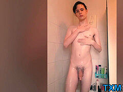 Tiny twink rubbin' himself after taking a steaming bathroom alone