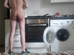 Nude spectacular fur covered dude making breakfast