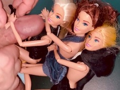 Men using sex toys for masturbation with explosive cumshots on Barbie