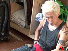 japanese goth working on his ass and wood with pleasure