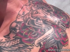 Horny tatted jock gage Sin sniffing his pits while solo masturbating