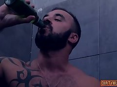 Muscle gay threesome and cumshot