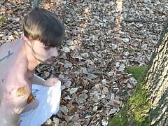 German boy self facial cum piss in public forest woods naked outdoor jerk off small dick big cock muscle straight guy