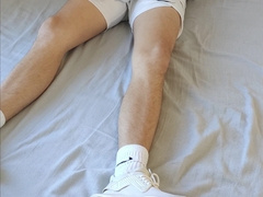 Small gay boy in sneaker jerks off in bed after gym class