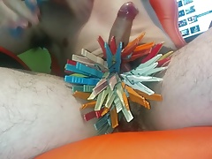 Clothespins on my ballsack CBT