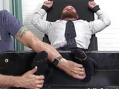 Bearded businessman tickled hard while bound and helpless